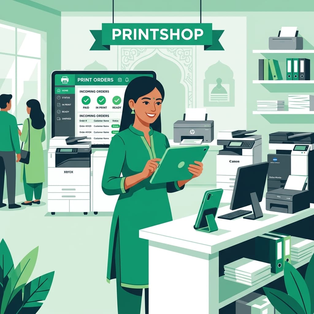 Xerox shop owner managing print orders on a tablet using Scan2Paper