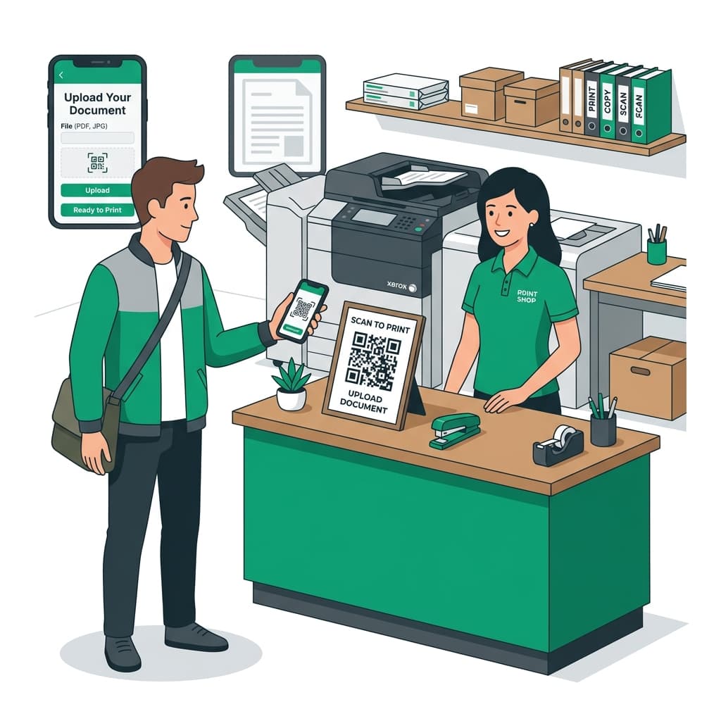 Customer scanning QR code at a print shop to place an online order