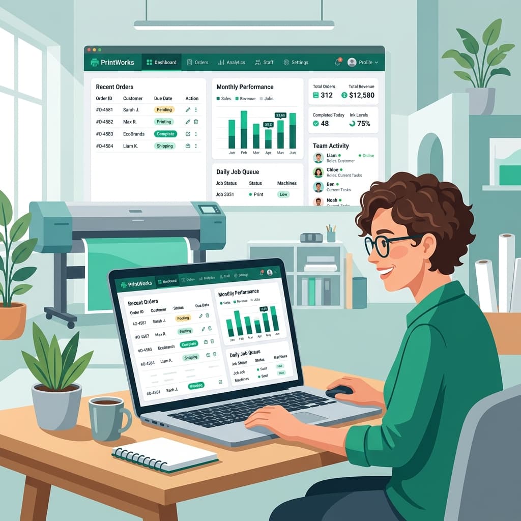 Print shop dashboard showing order queue and analytics on a laptop