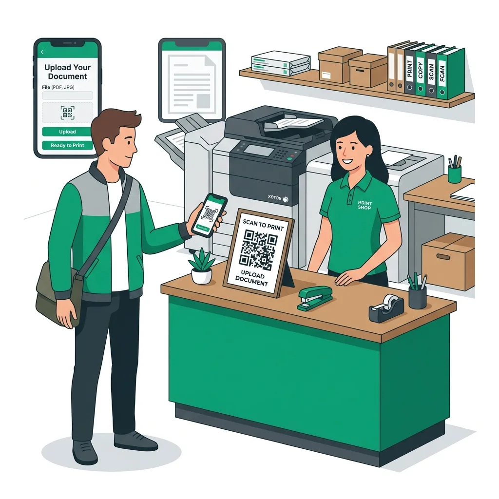 Customer scanning QR code at a print shop to place an online order